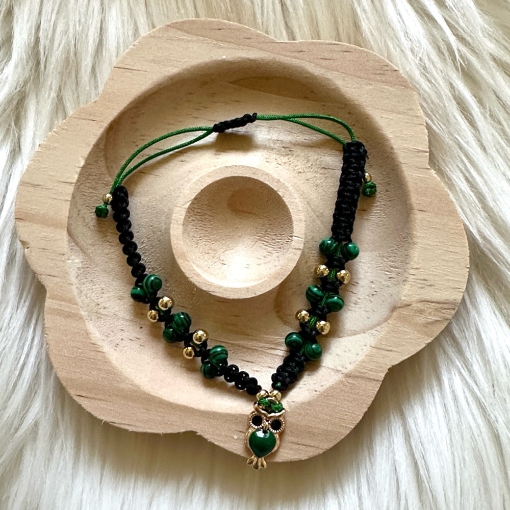 Handmade Black and Green String Adjustable Bracelet with Owl Charm - Picture 1 of 2